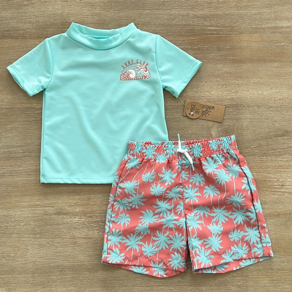Wonderluxe Toddler Boy Rash Guard T Shirt Swim Trunks Set 12 18 months Palm Tree
